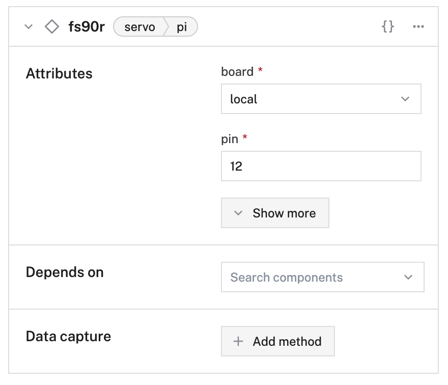 This is a screenshot of the Viam app on the Config page. This shows the options that populate when you create a servo with the pi Model. It shows attributes. 'Pin' is filled in with '12' and 'Board' is filled in with 'local'. Pin and board are required fields.