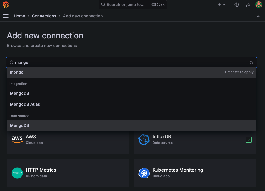 The Grafana plugin search interface showing the results for a search for mongodb