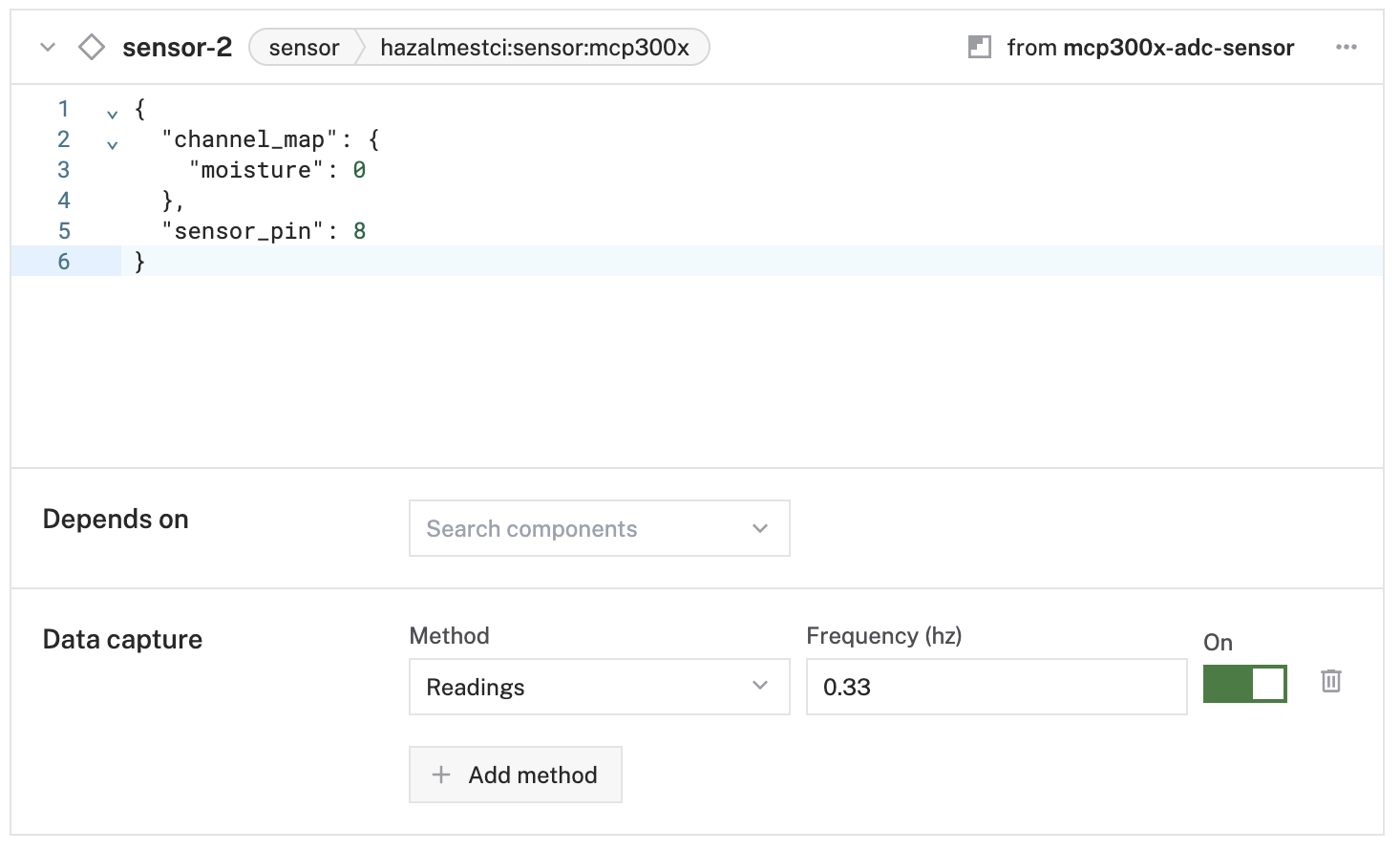 The sensor component configuration pane with data capture configuration enabled using type Readings and a capture frequency of 0.333
